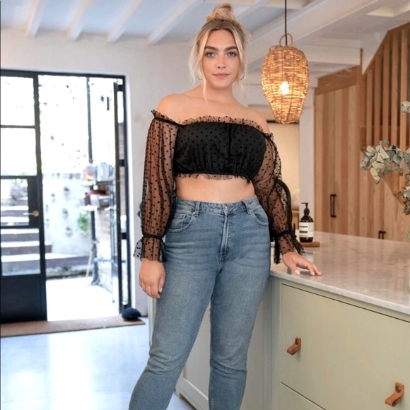 Off Shoulder Ruffle Trim Swiss Dot Mesh Top - Picture 1 of 3